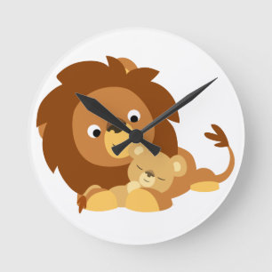 Kute Loving Cartoon Lion Dad and Cub Wall Clock Ronde Klok