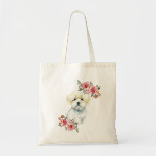Kute Maltese puppy Dog met Flowers Waterverf Tote Bag