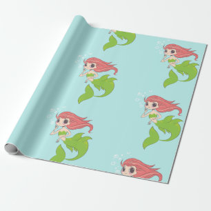 Kute Mermaid Girl op Blue met belletjes Cadeaupapier