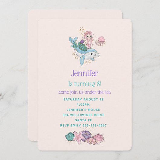 Kute Mermaid Riding a Dolphin under Zee Kaart (Voorkant / Achterkant)