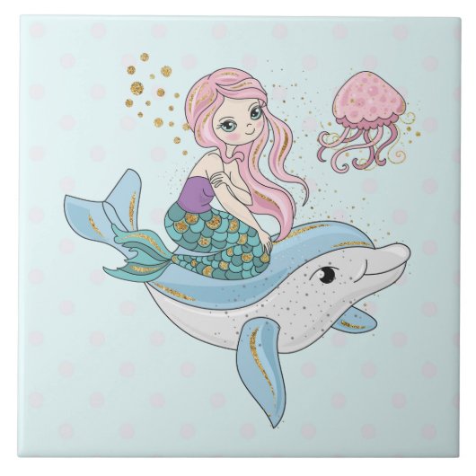 Kute Mermaid Riding a Dolphin under Zee Tegeltje (Voorkant)