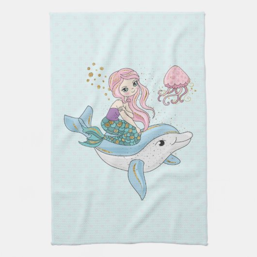 Kute Mermaid Riding a Dolphin under Zee Theedoek (Verticaal)