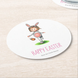 Kute Minimalist Girl in Bunny Costume Easter Ronde Kartonnen Onderzetter