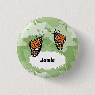 Kute Monarch Butterfly Green Floral Name Button