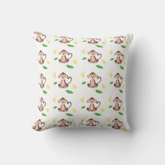 Kute Monkey Banana Tropical Leaf Pattern Green Kussen (Voorkant)