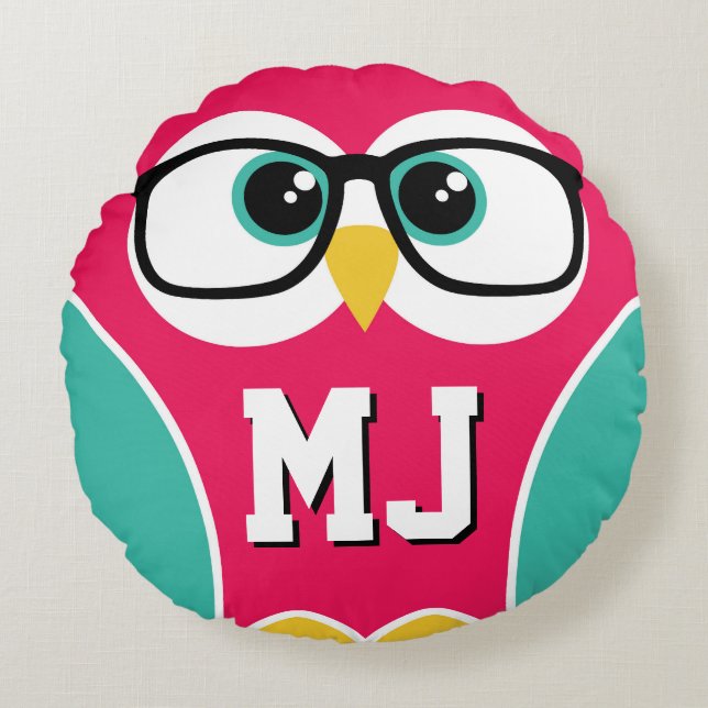 Kute Monogram Owl Wearing Glasses Round Pillow Rond Kussen (Voorkant)