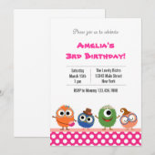Kute Monster Birthday Party Invitation (roze) Kaart (Voorkant / Achterkant)