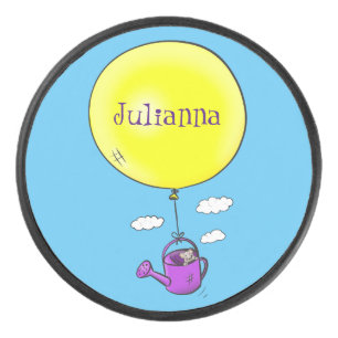 Kute muis in watering kan met ballon cartoon hockey puck