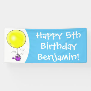 Kute muis in watering kan met ballon cartoon spandoek