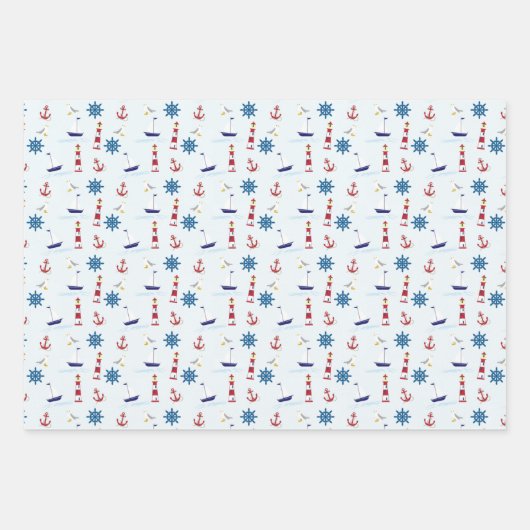 Kute Nautical Blue en Red Sailing Pattern Inpakpapier Vel (Voorkant)