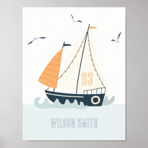 Kute Nautical Blue Sailboat Pastel Kinder Nursery Poster