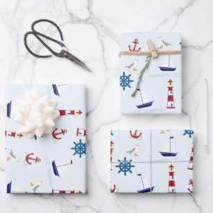 Kute Nautical Lighthouse Ship and Zee Gull Blue Wr Inpakpapier Vel