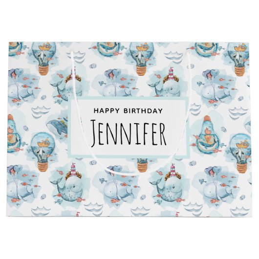 Kute Nautical Whales Waterverf Pattern Birthday Groot Cadeauzakje (Voorkant)