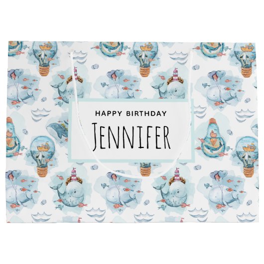 Kute Nautical Whales Waterverf Pattern Birthday Groot Cadeauzakje (Achterkant)