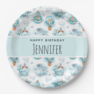 Kute Nautical Whales Waterverf Pattern Birthday Papieren Bordje