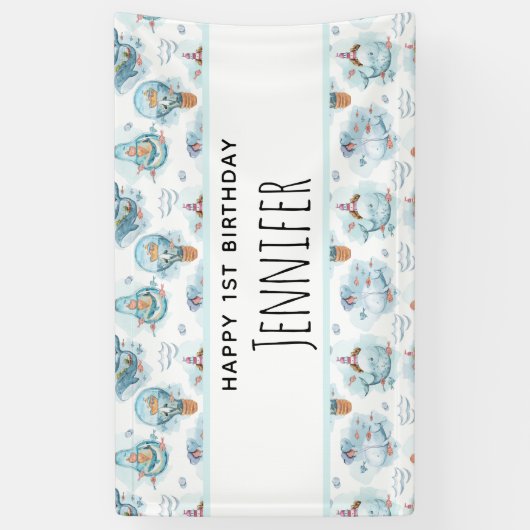 Kute Nautical Whales Waterverf Pattern Birthday Spandoek (Verticaal)