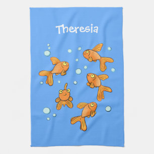 Kute oranje goudvis op blauwe cartoon illustratie theedoek
