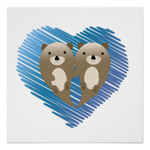 Kute Otters met blauw hart op de achtergrond Perfect Poster
