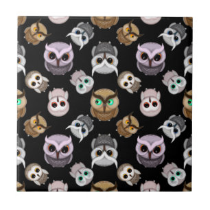 Kute Owl-illustraties op zwarte achtergrond Tegeltje