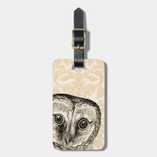Kute  Owl in Black op Tan Damask Bagagelabel