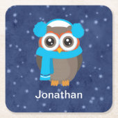 Kute Owl met oorkoningen en karf op blauw Vierkante Kartonnen Onderzetter (Voorkant)