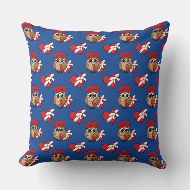 Kute Owl met Red Beret en Heart Box Kussen (Voorkant)