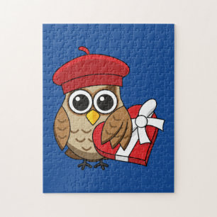 Kute Owl met Red Beret en Heart Box Legpuzzel