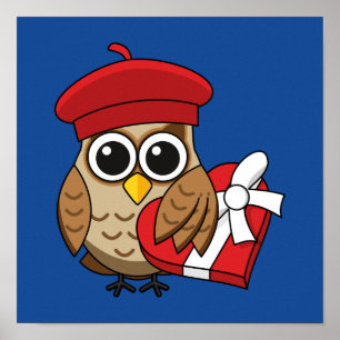 Kute Owl met Red Beret en Heart Box Poster