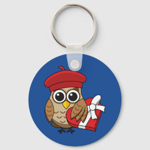 Kute Owl met Red Beret en Heart Box Sleutelhanger