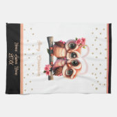 Kute owl pair in love Valentijn custom name Theedoek (Horizontaal)