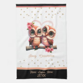 Kute owl pair in love Valentijn custom name Theedoek (Verticaal)