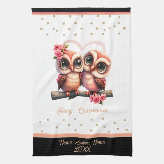 Kute owl pair in love Valentijn custom name Theedoek (Verticaal)