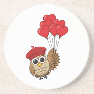 Kute Owl vliegen met hartballonnen Zandsteen Onderzetter