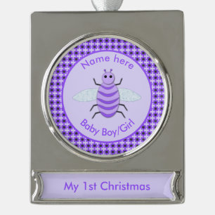 Kute Paarse Baby Neutrale Eerste Kerstmis Verzilverd Banner Ornament