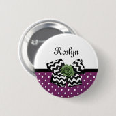 Kute Paarse Stippen Green Roos Chevron Bow met naa Ronde Button 5,7 Cm (Voorkant /achterkant)