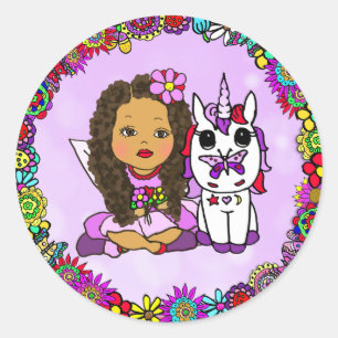 Kute Paarse Unicorn en Fairy Floral border Ronde Sticker