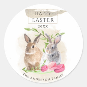 Kute paasbunnies   Happy Easter Waterverf Art Ronde Sticker