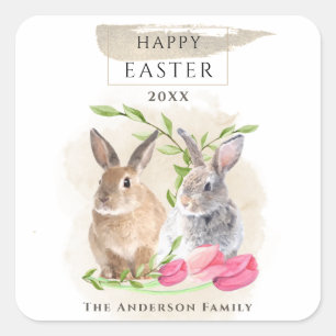 Kute paasbunnies   Happy Easter Waterverf Art Vierkante Sticker
