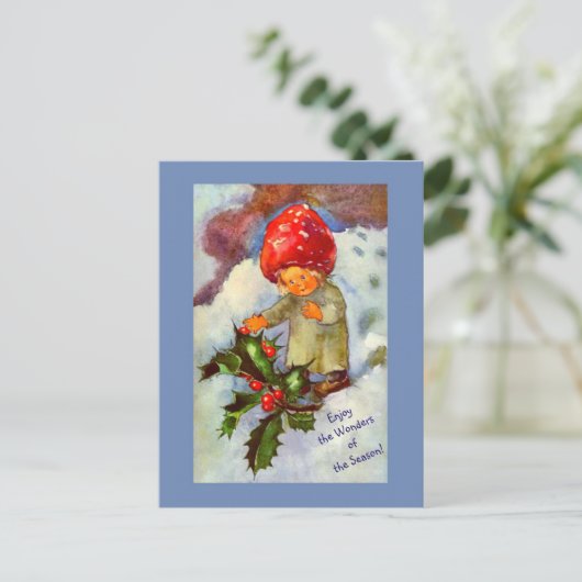 Kute paddenstoel Kind met sneeuw en Holly Briefkaart (Staand voorkant)