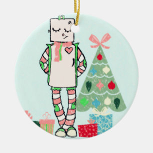 Kute pasteelvakantierobot en boomversiering keramisch ornament