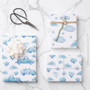 Kute pastel Baby Boy Blue Trucks Clouds Hearts Inpakpapier Vel