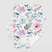 Kute Pastel Blue Waterverf Flowers Monogram Golfhanddoek (Insitu)