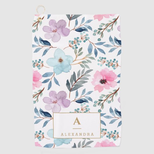 Kute Pastel Blue Waterverf Flowers Monogram Golfhanddoek (Voorkant)