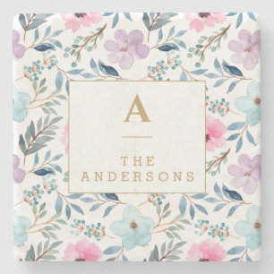 Kute Pastel Blue Waterverf Flowers Monogram Stenen Onderzetter