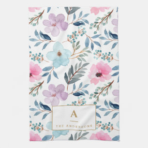 Kute Pastel Blue Waterverf Flowers Monogram Theedoek