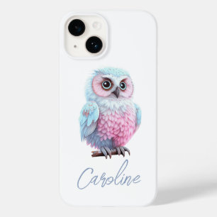 Kute Pastel Roze en Blauwe Cartoon Owl Case-Mate iPhone 14 Hoesje