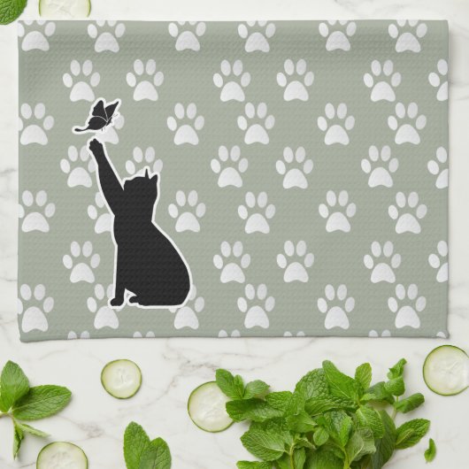 Kute Paw Pattern Cat Chasing a vlinder Theedoek (Gevouwen)