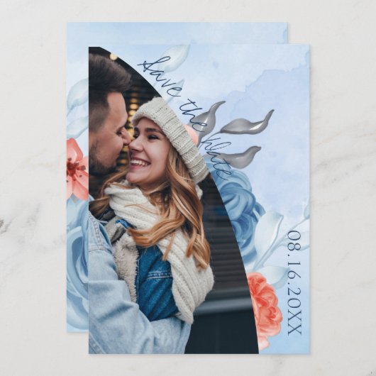 Kute Peach Blue Floral Photo Wedde Save the Date Aankondiging (Voorkant / Achterkant)
