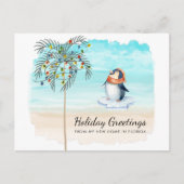 Kute Penguin Beach Scene Palm Tree Holiday Movemen Aankondigingskaart (Voorkant)