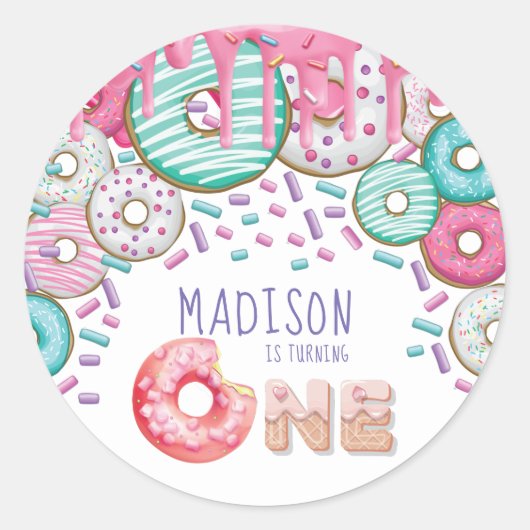 Kute Personalized Donut Sprinkles First Birthday Ronde Sticker (Voorkant)